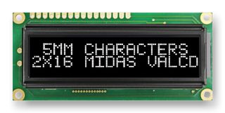 Midas Displays Mc21605G12W-Vnmlws Lcd, Alpha-Num, 16 X 2, White